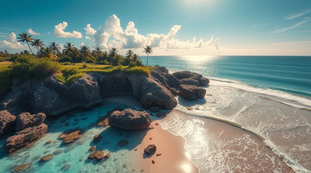 Aerial view of beautiful tropical beach with palm trees and rocks. 3d renderの写真素材