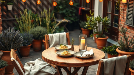 Restaurant table with plates and crockery on terraceの写真素材