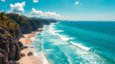 Aerial view of beautiful beach and sea with blue sky background.の写真素材