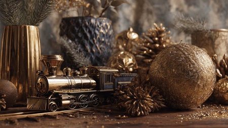 Christmas still life with vintage train and golden christmas balls on wooden backgroundの写真素材