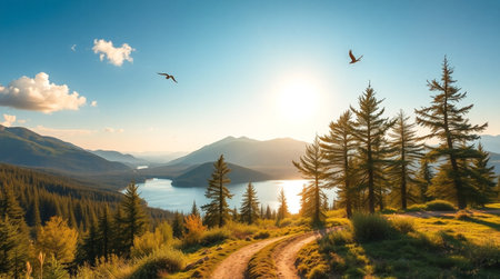 A quiet countryside hill illuminated by the golden hour.の写真素材