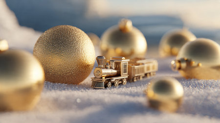 Christmas toy train with golden baubles on snow, closeupの写真素材