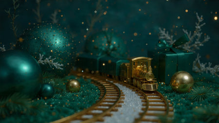 Golden toy train with Christmas gifts on a background of green Christmas trees.の写真素材