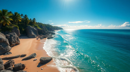 Tropical beach with palm trees and blue sky, panorama