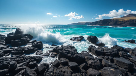 Gentle waves brushing against coral rock formations.の写真素材