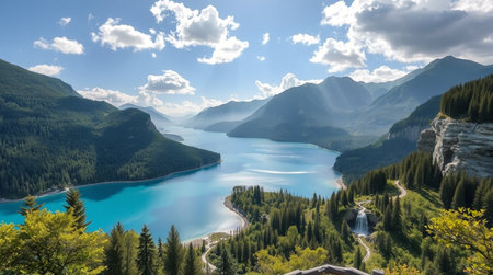 Moss-covered stones anchor the bright cascade, leading the eye upward to the canopy.の写真素材