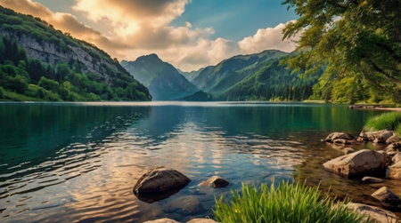 A foggy lakeside scene with reeds and soft reflections.