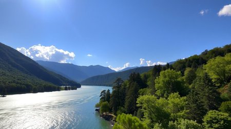 A quiet river valley wrapped in early morning mist.の写真素材