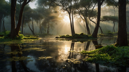 A natural hot spring steaming gently in cold mountain air.の写真素材