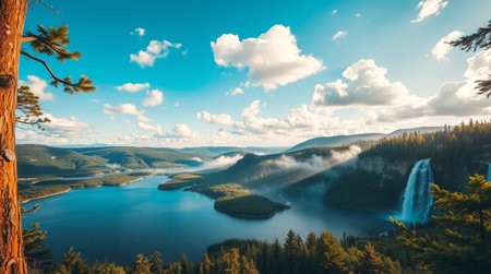 A coastal viewpoint overlooking calm, glassy water.の写真素材