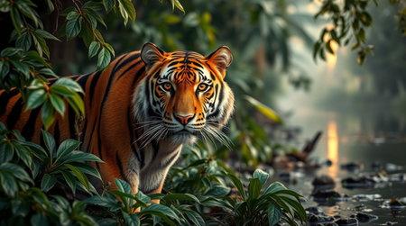 The lower section glows with wet moss and vivid green ferns clinging to stones.の写真素材