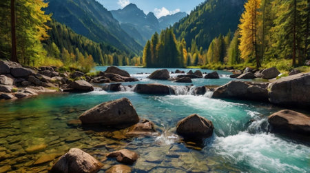 A shimmering lake surrounded by tall trees.