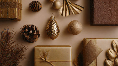 Christmas composition. Gifts, pine cones and decorations on brown background. Flat lay, top view, copy spaceの写真素材