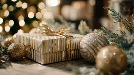A peaceful American interior featuring tall bookshelves, pastel blankets, glowing holiday lights, and a warm leather sectional sofa.の写真素材