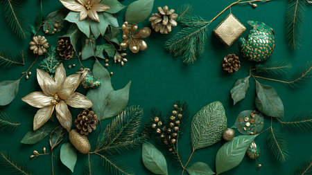 Christmas decoration on green background. Flat lay, top view, copy space.