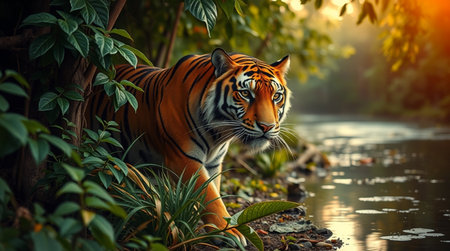 Tiger in the jungle. Tiger in the natural habitat. Wildlife scene from nature.