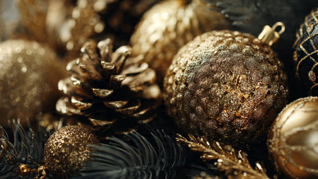 Christmas decoration on dark background. Golden baubles, pine cones and fir branches.