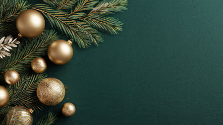 Christmas background with fir branches and golden baubles on green backgroundの写真素材