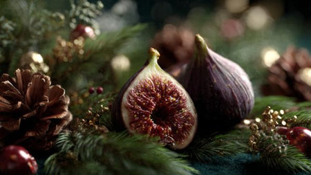 Figs and Christmas decoration on dark background. Selective focus.