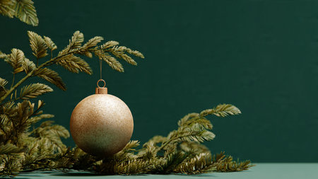 Christmas background with green fir branches and golden christmas ball. 3d render