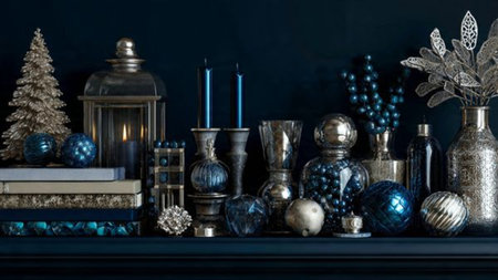 Christmas still life with candles and ornaments on a dark backgroundの写真素材