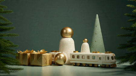 A cozy festive room with beige walls, a vertical frame mockup, plush blankets, classic bookshelves, and a glowing Christmas tree.の写真素材