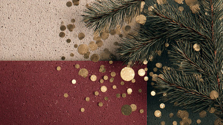 Christmas background with fir tree branches and golden confetti. Flat lay, top view