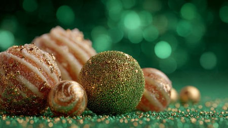 Christmas and New Year background with baubles on green bokeh backgroundの写真素材