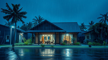 Beautiful house in the rain at night, Koh Samui, Thailandの写真素材