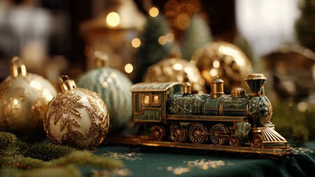 Vintage toy train with christmas ornaments on the background