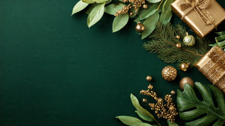 Christmas and New Year green background with golden decoration. Flat lay, top view.の写真素材