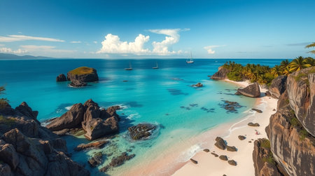 Panorama of Anse Source d'Argent beach at Seychelles