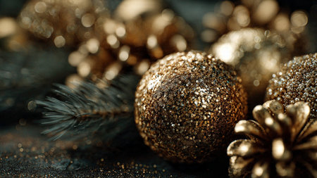 Golden christmas balls and pine cones on dark background, closeupの写真素材
