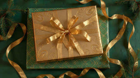 Gift box with golden ribbon on green background. Top view.の写真素材
