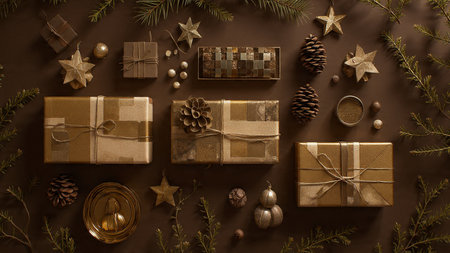 Christmas decoration on brown background. Top view, flat lay, copy space
