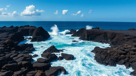 Aerial panoramic view of ocean waves crashing on lava rocks