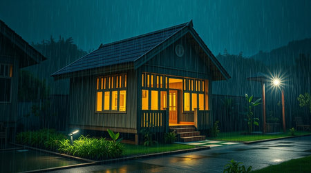 Night scene with small house in the rain. 3D rendering.の写真素材