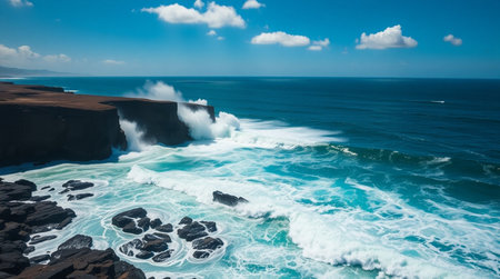 Beautiful seascape with ocean waves and black sand beach.の写真素材