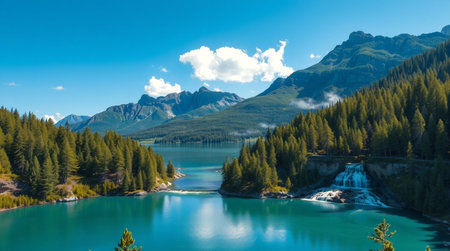 Panoramic view of turquoise lake in the mountains.