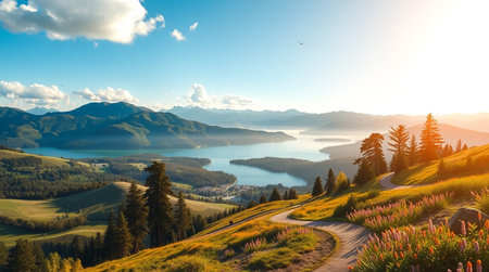 Panoramic view of a lake in the Alps. Beautiful summer landscape.の写真素材
