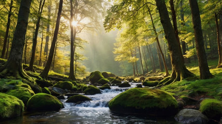 Mossy stones in the forest river and sunlight. Beautiful summer landscape