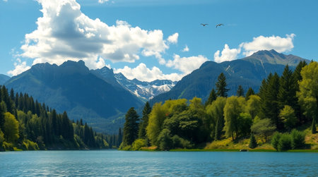 Panoramic view of alpine lake and mountains in background.の写真素材