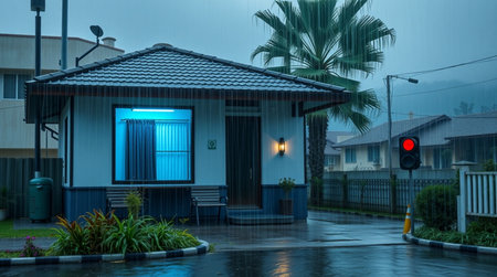 3d rendering of a house in the middle of a rainy dayの写真素材