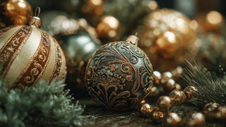 Christmas decoration on wooden background. Selective focus. Holiday concept.の写真素材