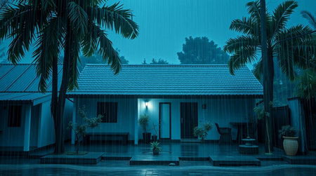 Night view of a villa in the rain. 3d renderingの写真素材