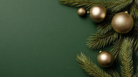 Christmas background with fir branches and golden baubles on green.の写真素材