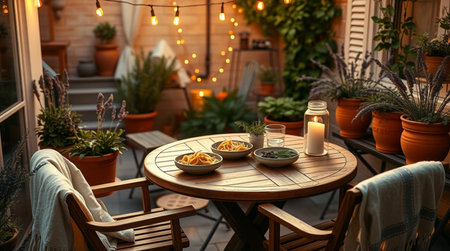 Table with different food on terrace of cozy house, space for textの写真素材