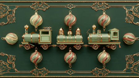Vintage toy train with Christmas balls on the wall. 3d renderingの写真素材