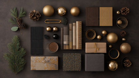 Christmas composition. Giftsrations on brown background. Flat lay, top view, copy spaceの写真素材