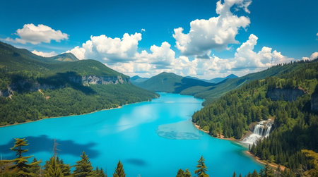 panoramic view of turquoise lake in the mountains in summerの写真素材